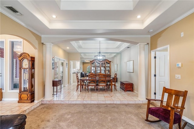 7526 Milan St, Corpus Christi, TX 78414 - dining room with a tray ceiling, decorative columns, ornamental molding, arched walkways, and recessed lighting
