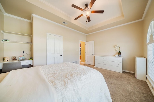 7526 Milan St, Corpus Christi, TX 78414 - bedroom featuring ornamental molding, light carpet, a tray ceiling, and ceiling fan