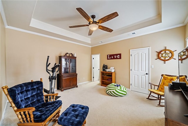 7526 Milan St, Corpus Christi, TX 78414 - living area featuring a raised ceiling, ornamental molding, a ceiling fan, and carpet