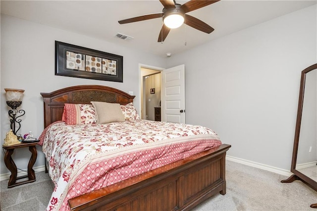 bedroom featuring visible vents, ceiling fan, light carpet, and baseboards