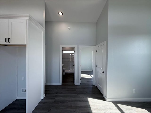 hallway featuring a high ceiling and dark hardwood / wood-style flooring