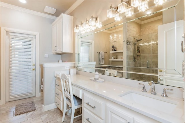 8102 Nazareth Dr, Corpus Christi, TX 78413 - full bath featuring crown molding, toilet, a stall shower, vanity, and a chandelier