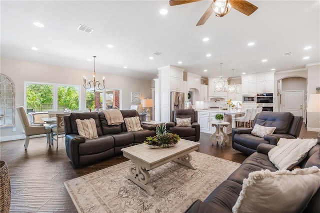 8102 Nazareth Dr, Corpus Christi, TX 78413 - living room featuring a chandelier, recessed lighting, ceiling fan, and baseboards