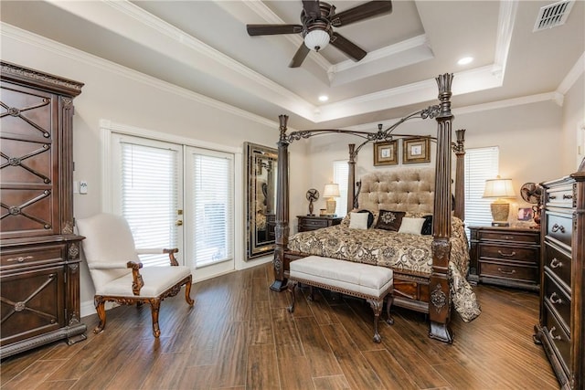 8102 Nazareth Dr, Corpus Christi, TX 78413 - bedroom featuring dark wood-style flooring, access to exterior, ornamental molding, a raised ceiling, and baseboards