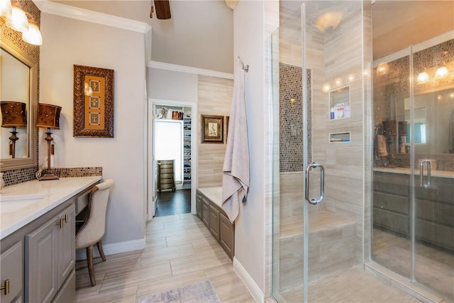 8102 Nazareth Dr, Corpus Christi, TX 78413 - bathroom with vanity, baseboards, a stall shower, ornamental molding, and backsplash