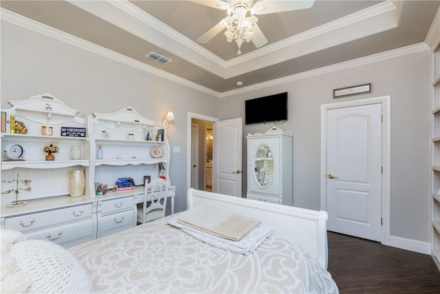 8102 Nazareth Dr, Corpus Christi, TX 78413 - bedroom featuring a raised ceiling, dark wood-style floors, baseboards, ornamental molding, and ceiling fan