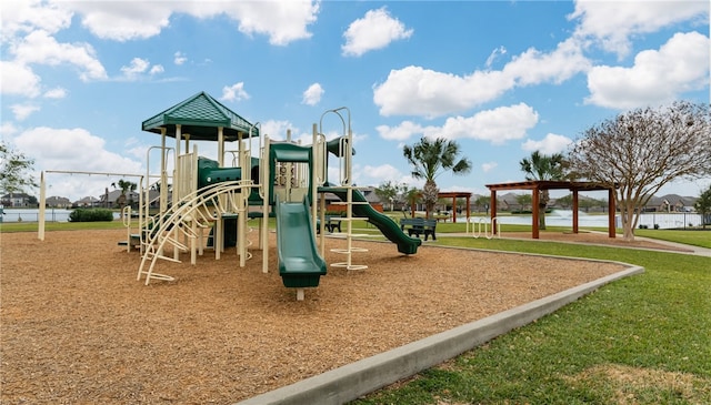 view of playground featuring a water view