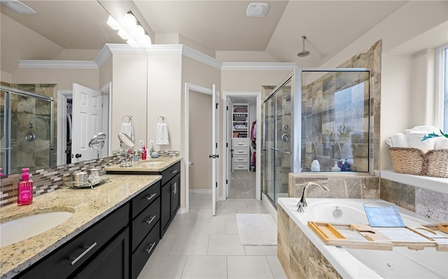 bathroom featuring ornamental molding, vanity, separate shower and tub, tile patterned flooring, and lofted ceiling