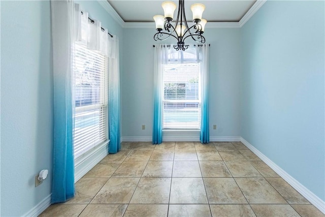 interior space with light tile patterned floors, baseboards, a notable chandelier, and crown molding