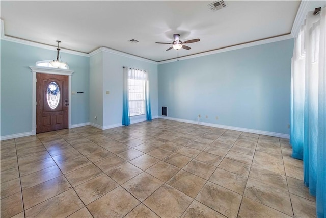 foyer featuring baseboards, visible vents, and crown molding