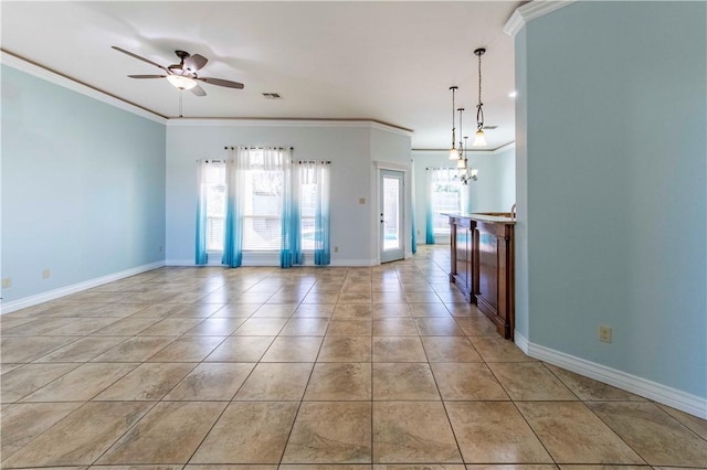 spare room with light tile patterned flooring, ceiling fan with notable chandelier, visible vents, baseboards, and ornamental molding