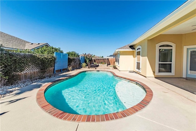 view of pool featuring a patio area, a fenced backyard, and a fenced in pool