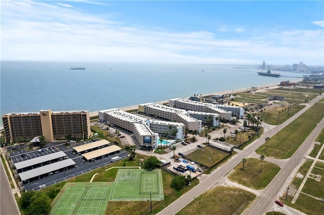 birds eye view of property featuring a water view