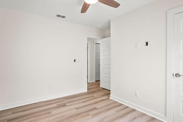 unfurnished bedroom featuring light hardwood / wood-style floors and ceiling fan