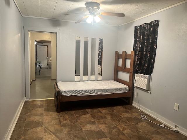 bedroom with cooling unit, ceiling fan, and crown molding