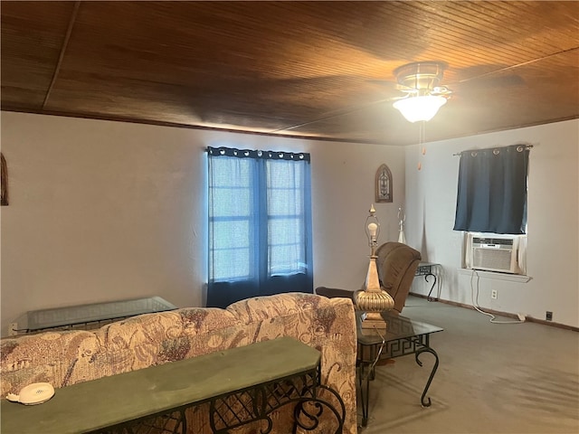 bedroom with wooden ceiling, ceiling fan, cooling unit, and carpet floors