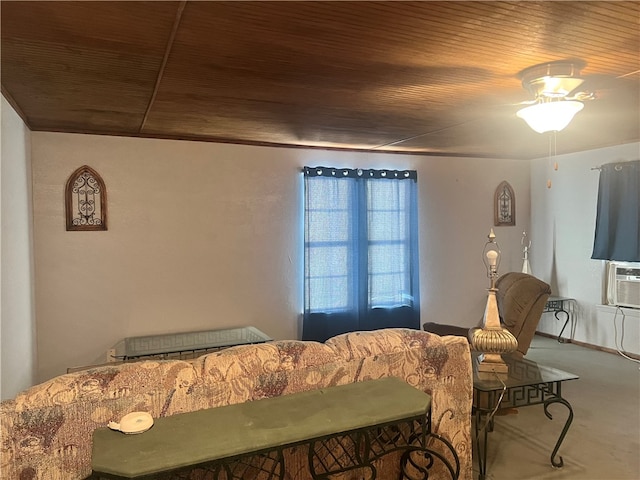 carpeted bedroom featuring cooling unit, ceiling fan, and wooden ceiling