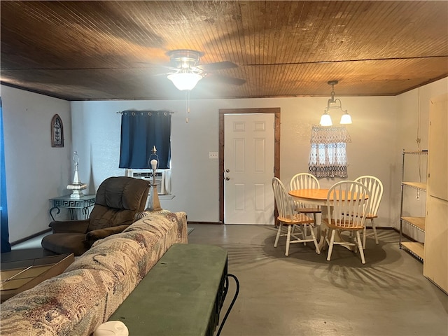 dining space featuring wood ceiling, concrete floors, and ceiling fan