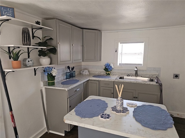 1110 Elgin St, Corpus Christi, TX 78405 - kitchen with open shelves, a sink, gray cabinetry, light countertops, and a textured ceiling
