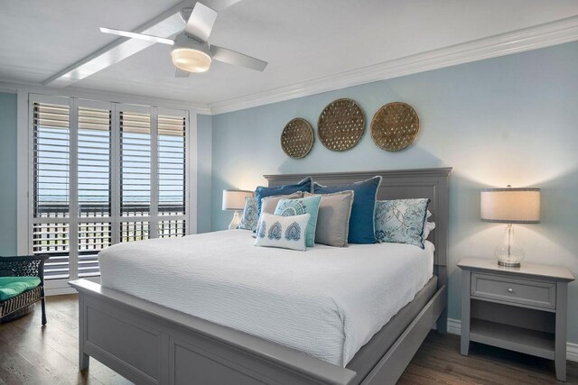 bedroom featuring a ceiling fan, wood finished floors, crown molding, baseboards, and access to exterior