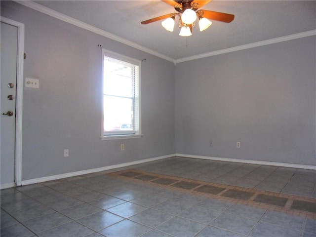 tiled empty room featuring ceiling fan, baseboards, and ornamental molding