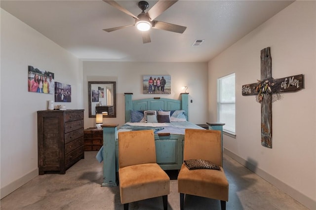 bedroom with light carpet and ceiling fan