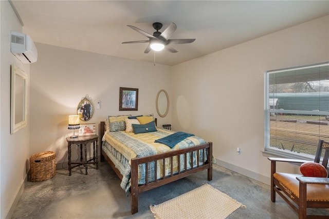 bedroom featuring a wall unit AC, concrete floors, and ceiling fan