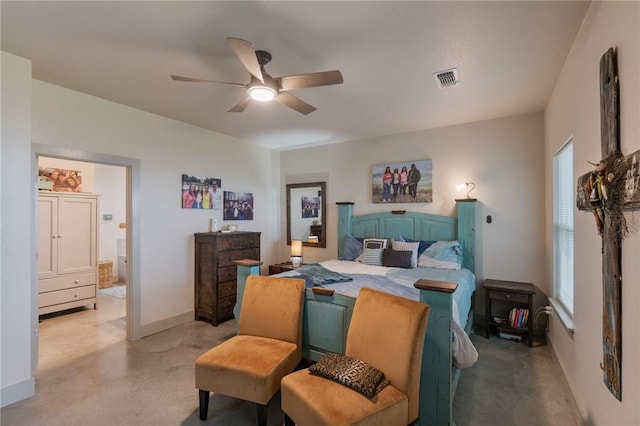 bedroom featuring multiple windows and ceiling fan