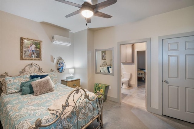 bedroom featuring ceiling fan, connected bathroom, and a wall unit AC