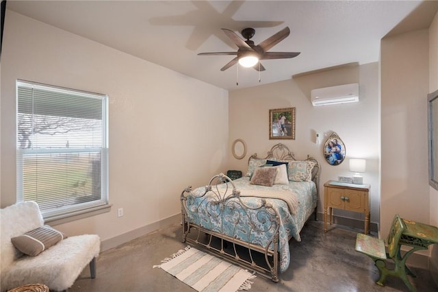 bedroom with ceiling fan, concrete floors, and a wall mounted AC