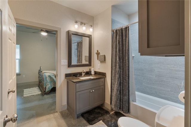 full bathroom featuring vanity, concrete floors, shower / tub combo, and toilet