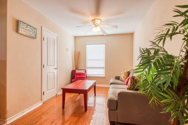 living area featuring ceiling fan and light hardwood / wood-style floors