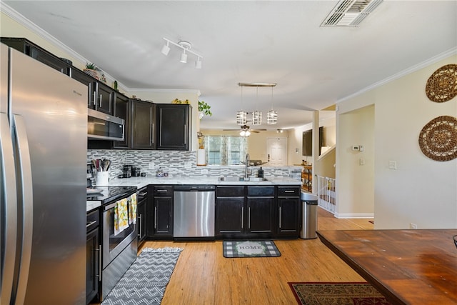 kitchen with sink, light hardwood / wood-style flooring, ceiling fan, decorative light fixtures, and stainless steel appliances