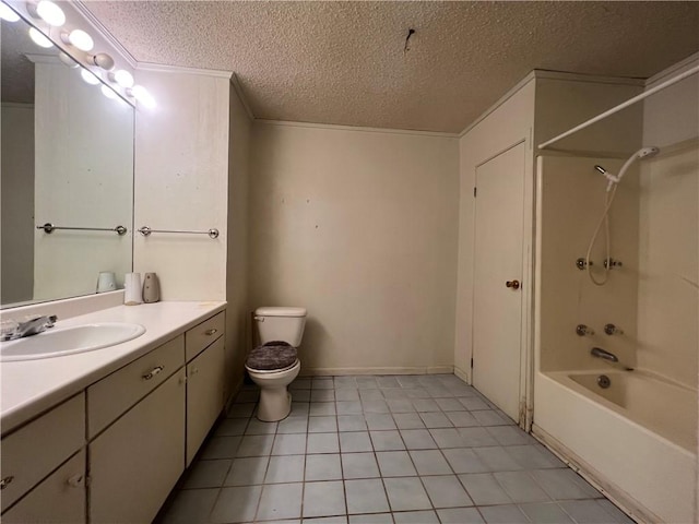 full bathroom featuring toilet, a textured ceiling, tile patterned floors, and ornamental molding