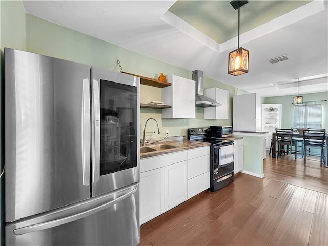 1205 Brentwood Dr, Corpus Christi, TX 78404 - kitchen with smart refrigerator, black electric range, wall chimney range hood, open shelves, and white cabinets