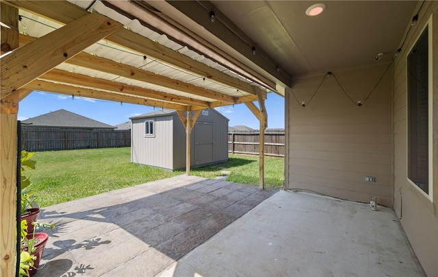 view of patio featuring a shed