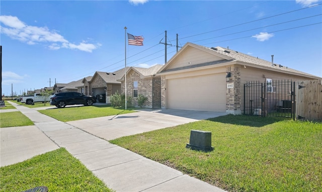 ranch-style home featuring a garage and a front lawn