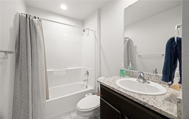 full bathroom with toilet, vanity, shower / bath combination with curtain, and tile patterned floors