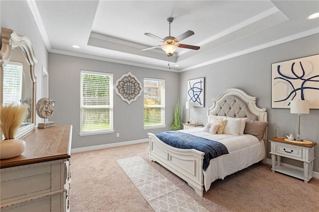3013 Neches Dr, Corpus Christi, TX 78414 - bedroom featuring a raised ceiling, light carpet, baseboards, crown molding, and a ceiling fan