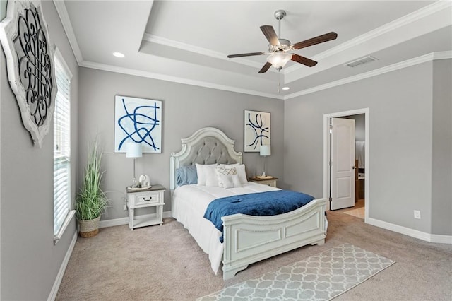 3013 Neches Dr, Corpus Christi, TX 78414 - bedroom featuring carpet flooring, a tray ceiling, baseboards, ornamental molding, and a ceiling fan