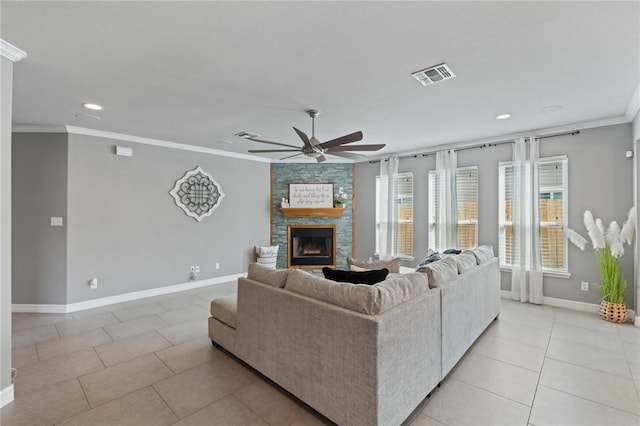 3013 Neches Dr, Corpus Christi, TX 78414 - living room with light tile patterned floors, ornamental molding, a ceiling fan, baseboards, and recessed lighting