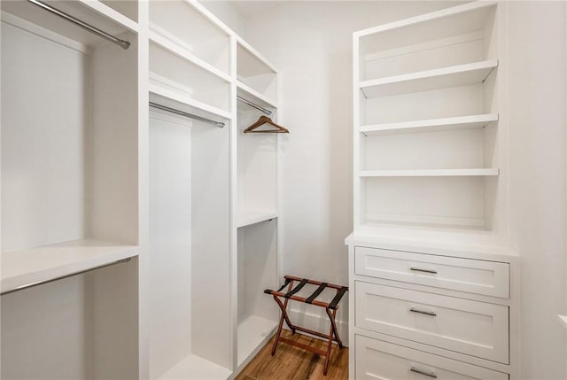 spacious closet with dark hardwood / wood-style flooring