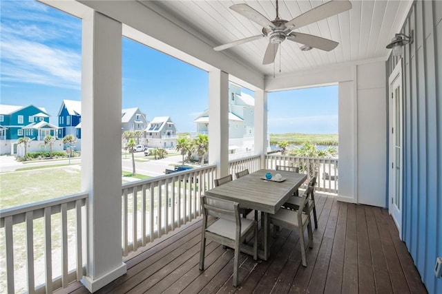 sunroom / solarium featuring ceiling fan and wooden ceiling