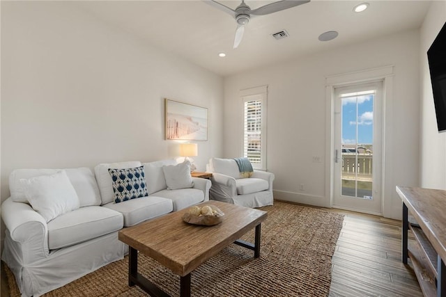 living room with ceiling fan and wood-type flooring