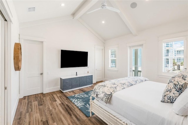 bedroom with vaulted ceiling with beams, ceiling fan, and dark hardwood / wood-style flooring