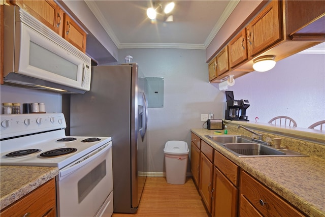 kitchen with electric panel, sink, crown molding, light hardwood / wood-style flooring, and white appliances