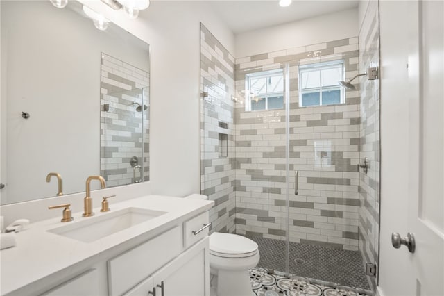 bathroom featuring toilet, a shower stall, and vanity