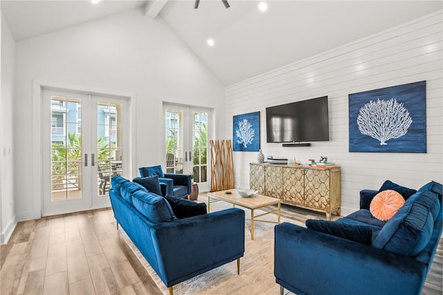 living room with french doors, light wood finished floors, recessed lighting, high vaulted ceiling, and beamed ceiling