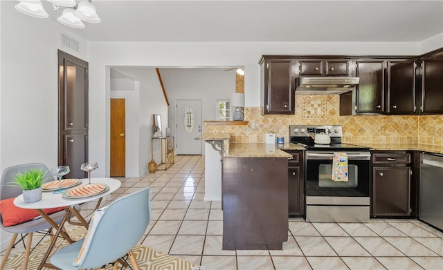 102 Mallard Dr, Aransas Pass, TX 78336 - kitchen with appliances with stainless steel finishes, backsplash, dark brown cabinetry, and under cabinet range hood