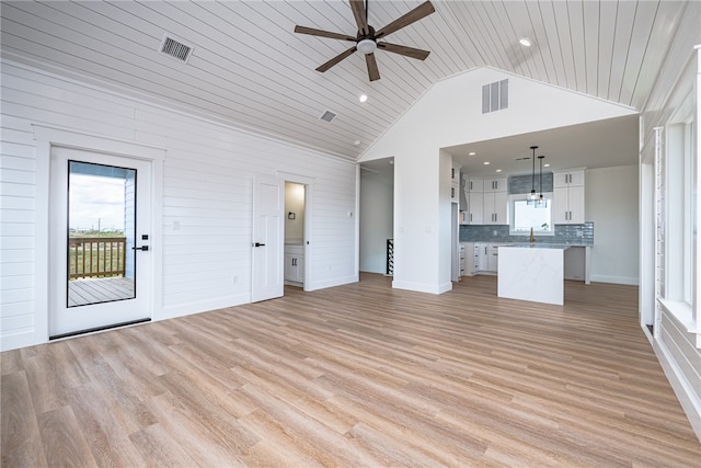 unfurnished living room featuring wooden ceiling, ceiling fan, light wood-type flooring, and high vaulted ceiling